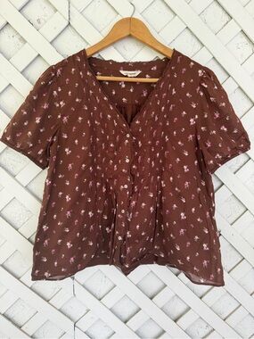 Lucky Brand Brown Floral Button-Front Pintuck Blouse Boho Cottagecore M